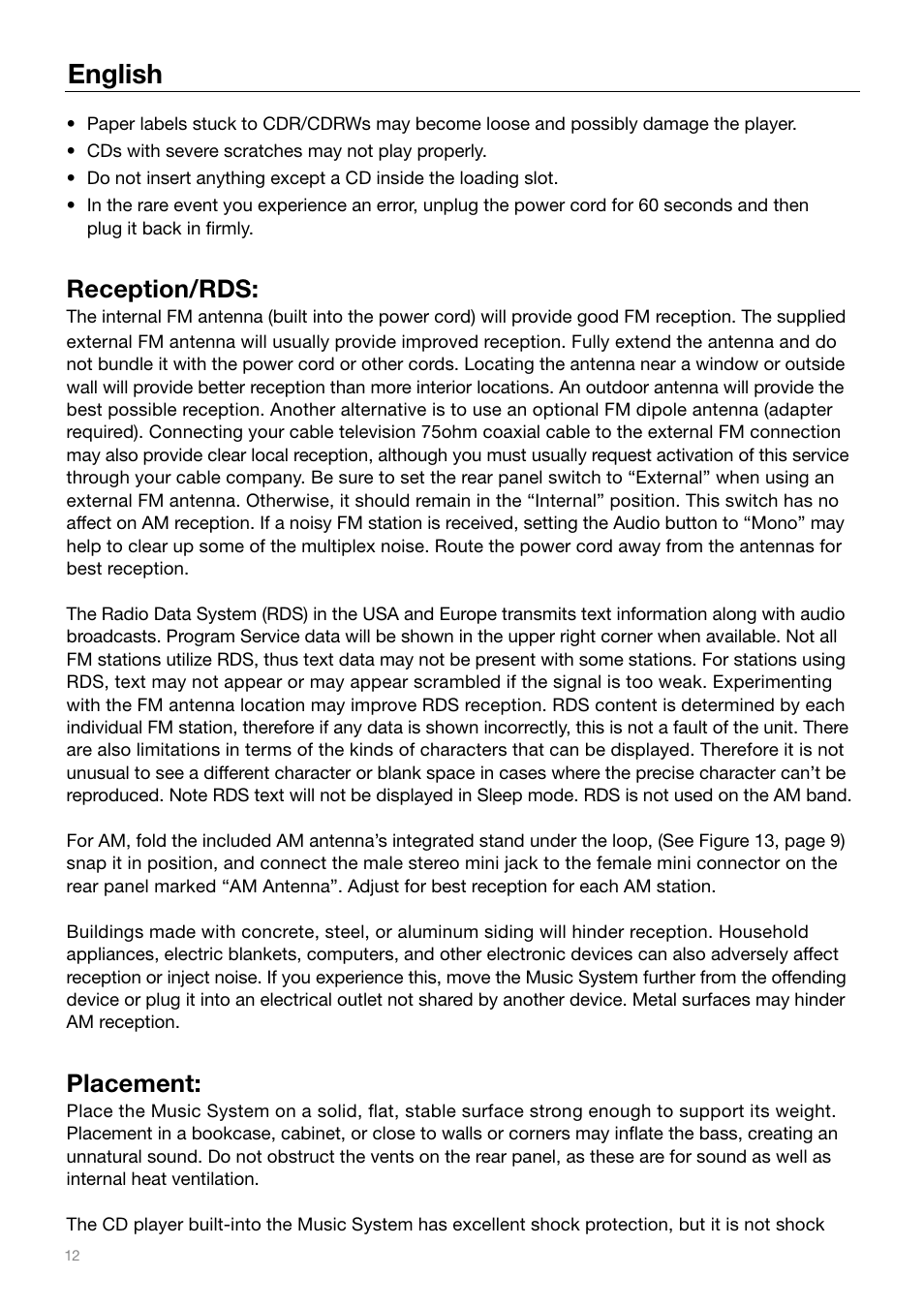 English, Reception/rds, Placement | Tivoli Audio MUSIC SYSTEM User Manual | Page 12 / 64