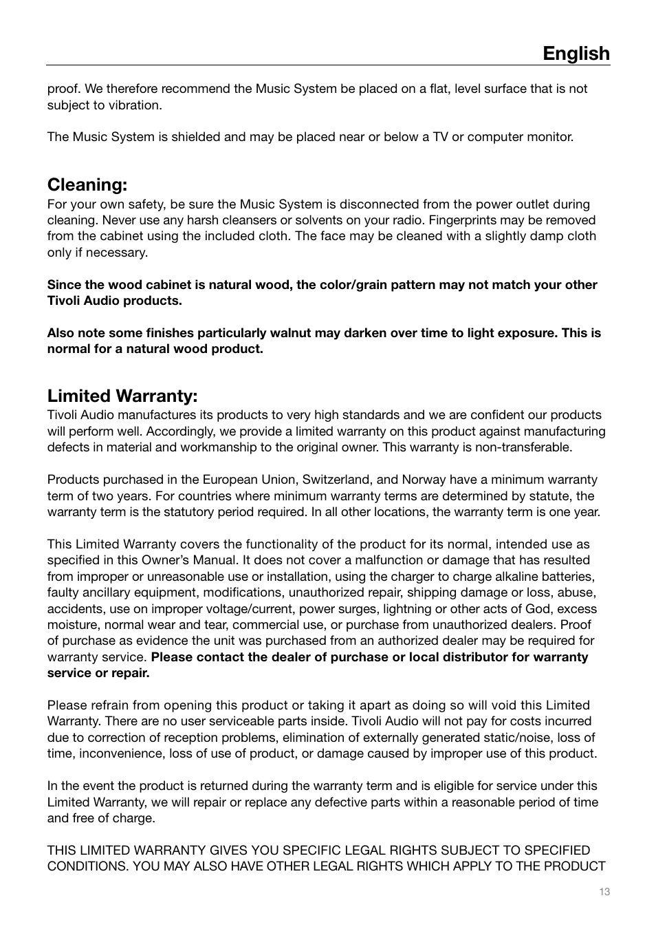 English, Cleaning, Limited warranty | Tivoli Audio MUSIC SYSTEM User Manual | Page 13 / 64