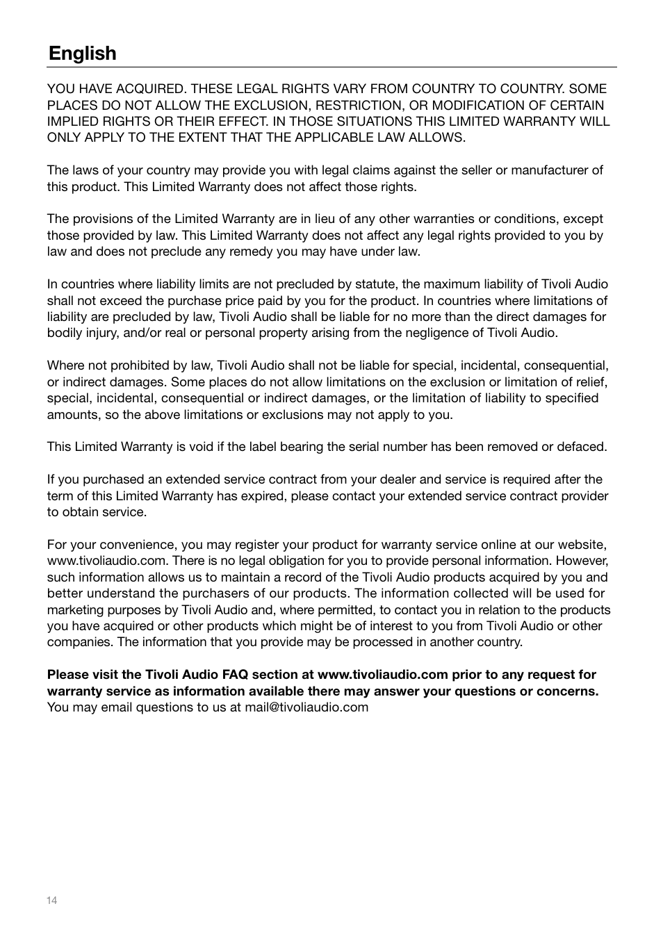English | Tivoli Audio MUSIC SYSTEM User Manual | Page 14 / 64