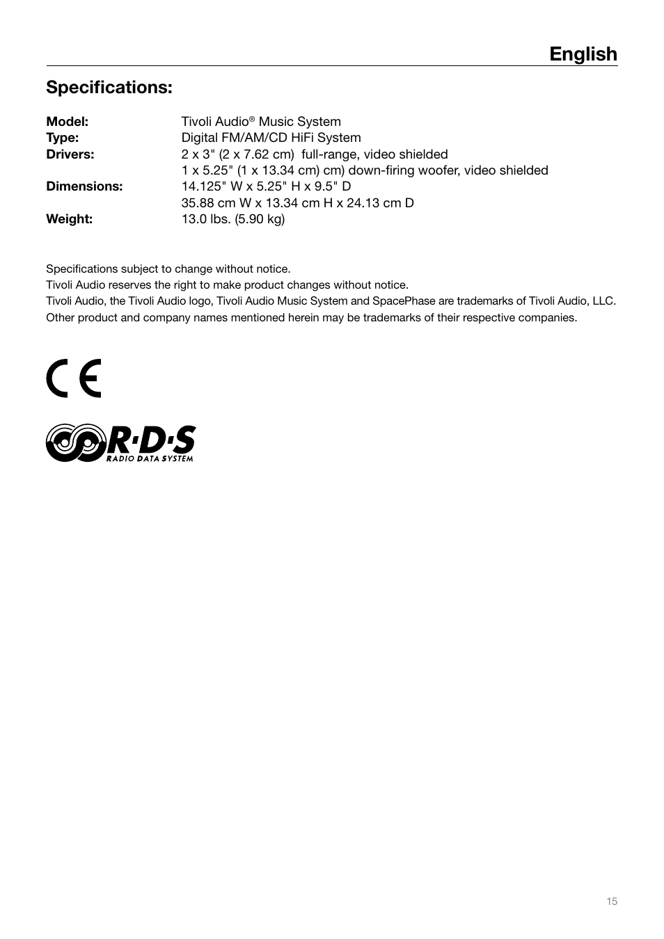 English, Specifications | Tivoli Audio MUSIC SYSTEM User Manual | Page 15 / 64