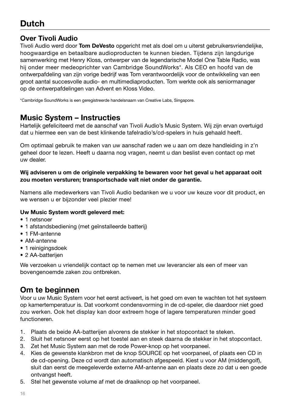 Dutch, Music system – instructies, Om te beginnen | Over tivoli audio | Tivoli Audio MUSIC SYSTEM User Manual | Page 16 / 64