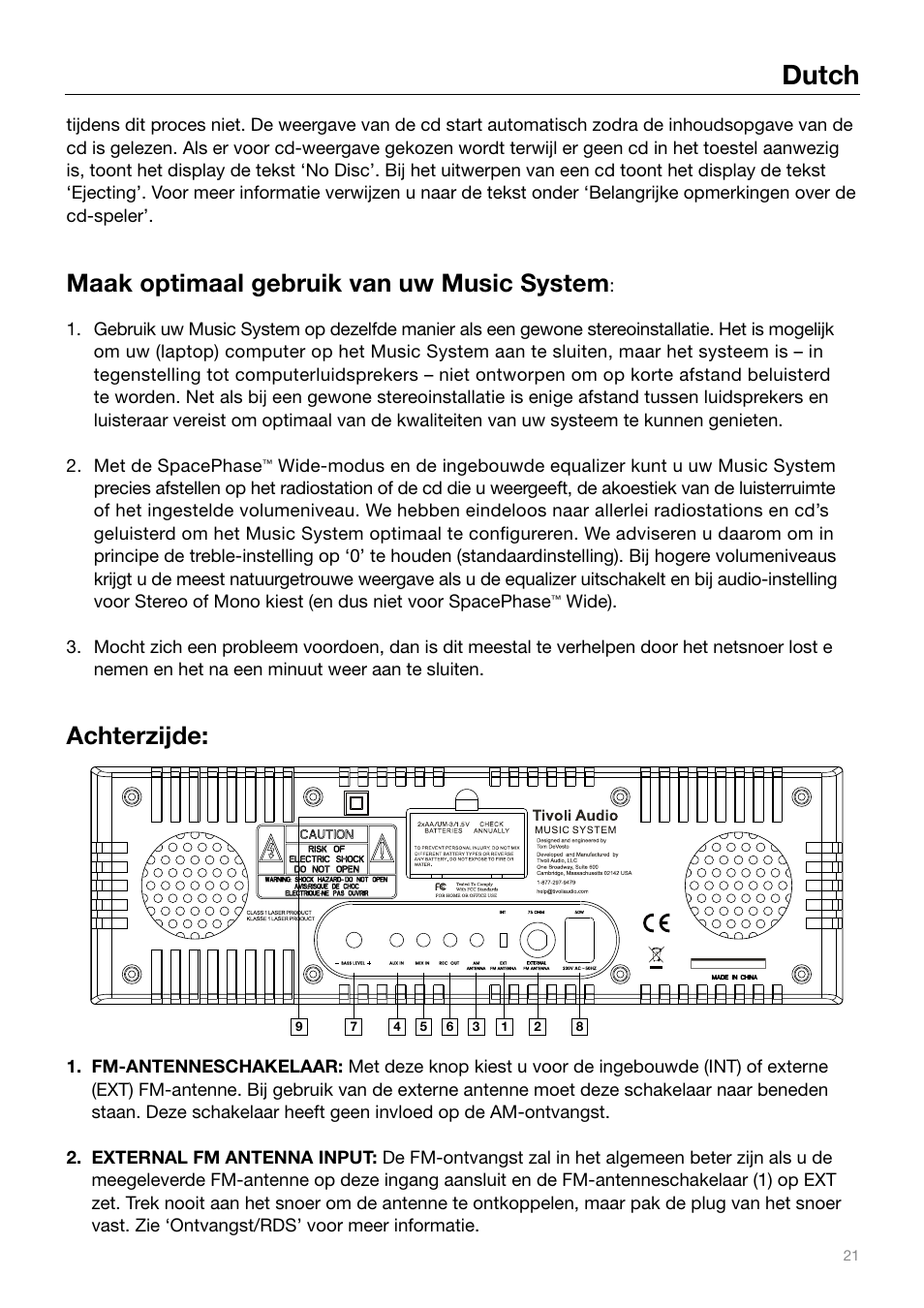 Dutch, Maak optimaal gebruik van uw music system, Achterzijde | Tivoli Audio MUSIC SYSTEM User Manual | Page 21 / 64