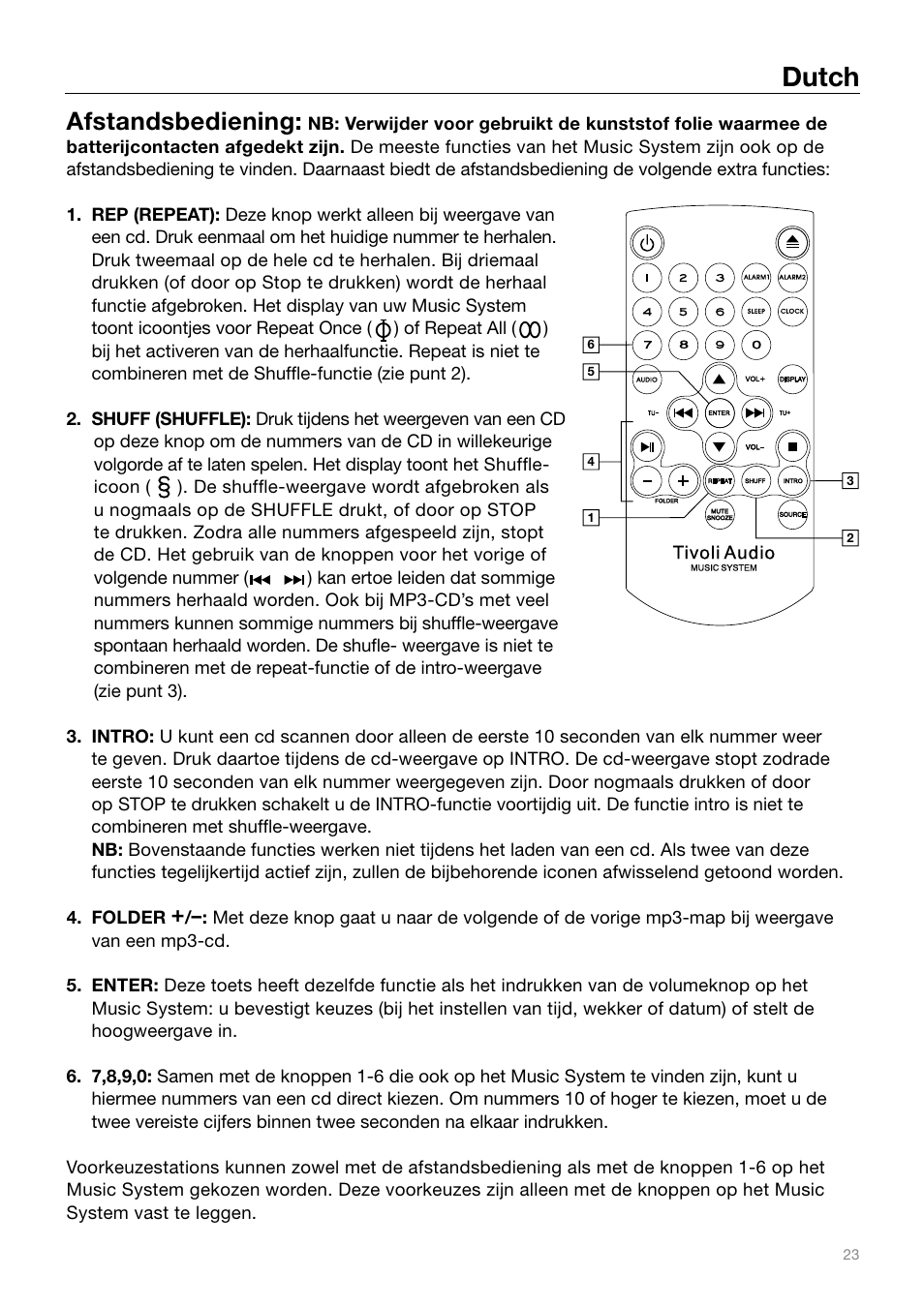 Dutch, Afstandsbediening | Tivoli Audio MUSIC SYSTEM User Manual | Page 23 / 64