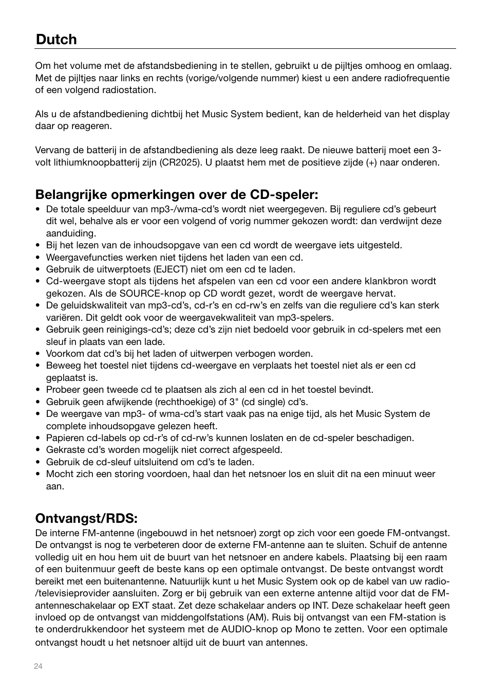 Dutch, Belangrijke opmerkingen over de cd-speler, Ontvangst/rds | Tivoli Audio MUSIC SYSTEM User Manual | Page 24 / 64