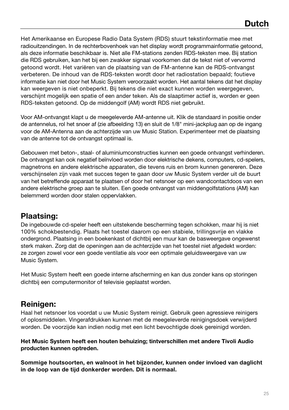 Dutch, Plaatsing, Reinigen | Tivoli Audio MUSIC SYSTEM User Manual | Page 25 / 64
