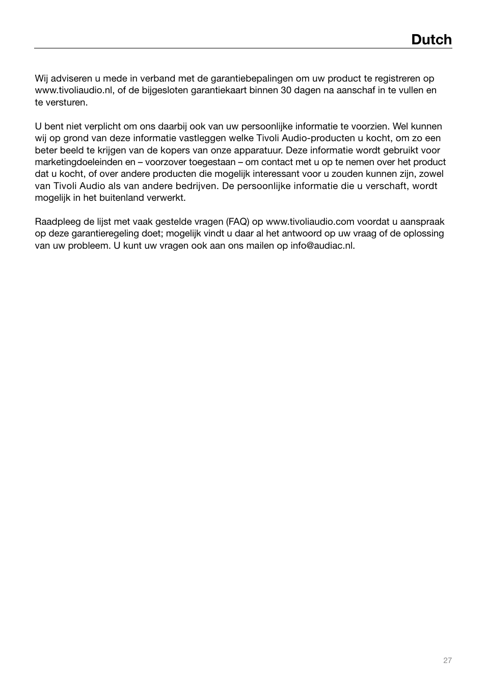 Dutch | Tivoli Audio MUSIC SYSTEM User Manual | Page 27 / 64