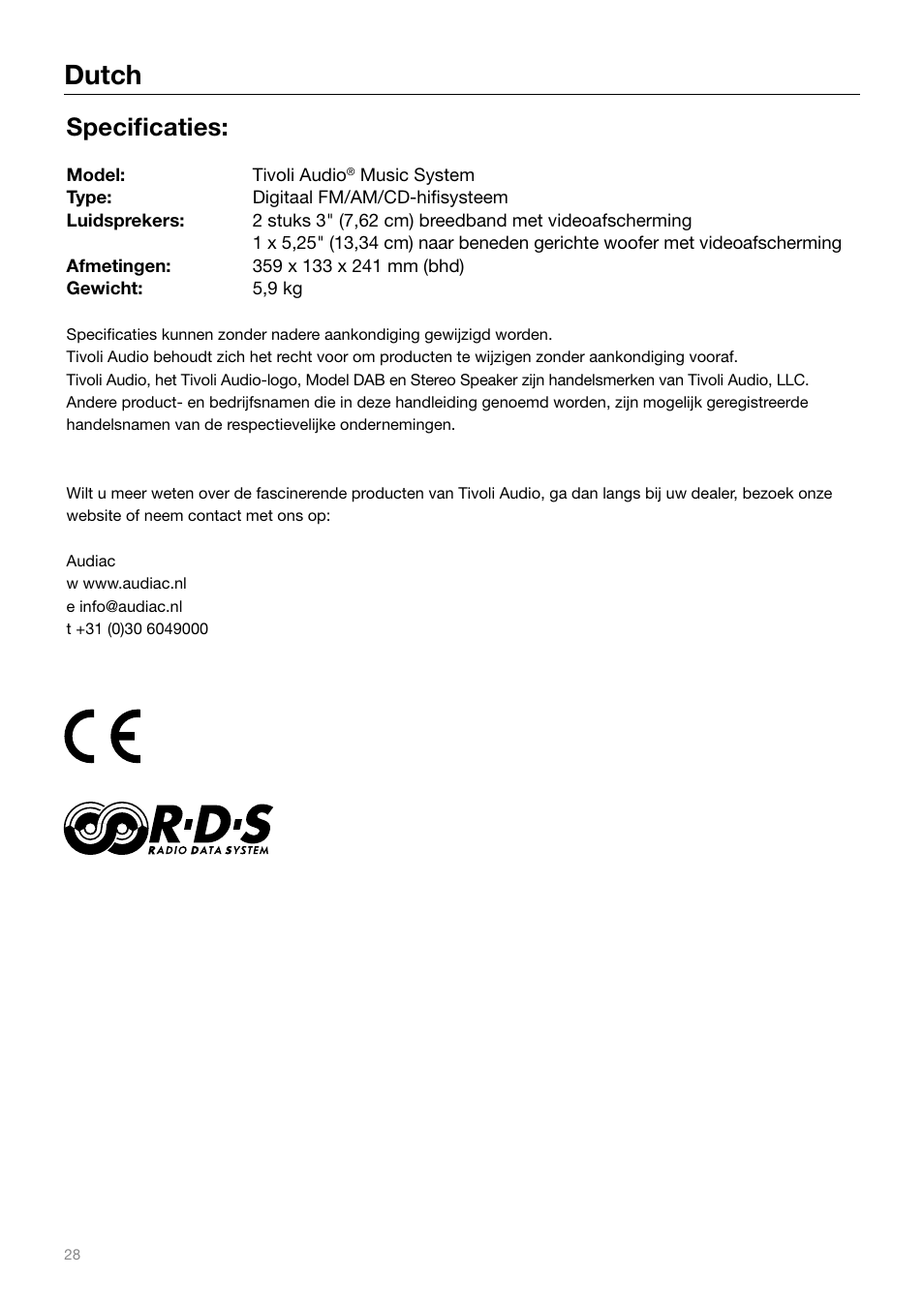 Dutch, Specificaties | Tivoli Audio MUSIC SYSTEM User Manual | Page 28 / 64