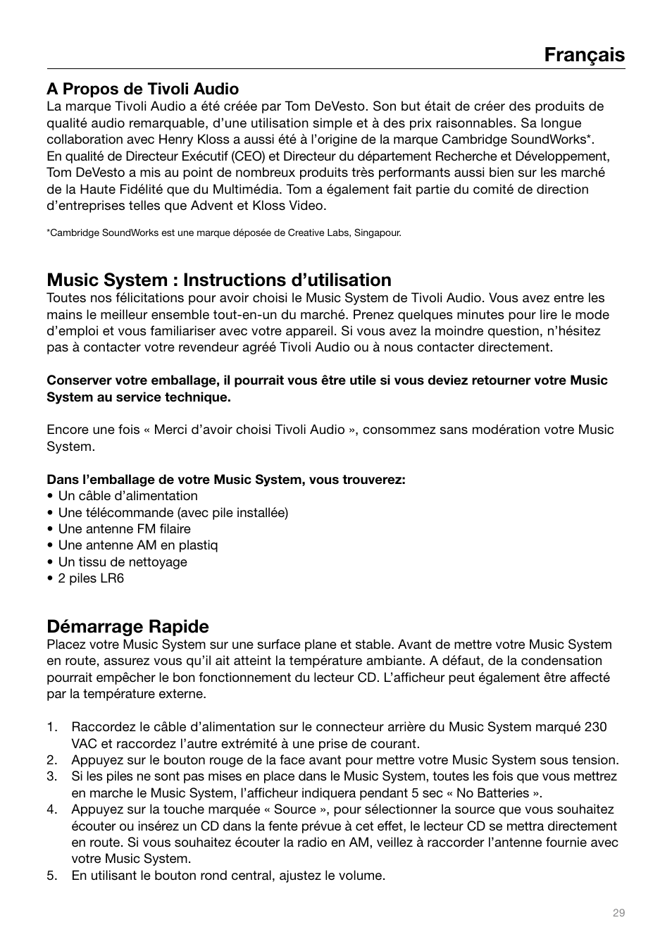 Français, Music system : instructions d’utilisation, Démarrage rapide | A propos de tivoli audio | Tivoli Audio MUSIC SYSTEM User Manual | Page 29 / 64