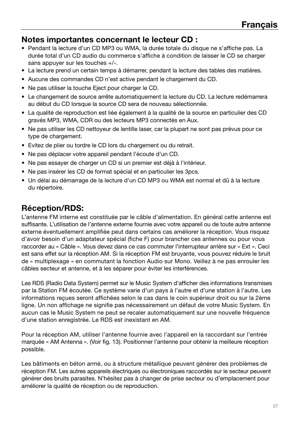 Français, Réception/rds | Tivoli Audio MUSIC SYSTEM User Manual | Page 37 / 64