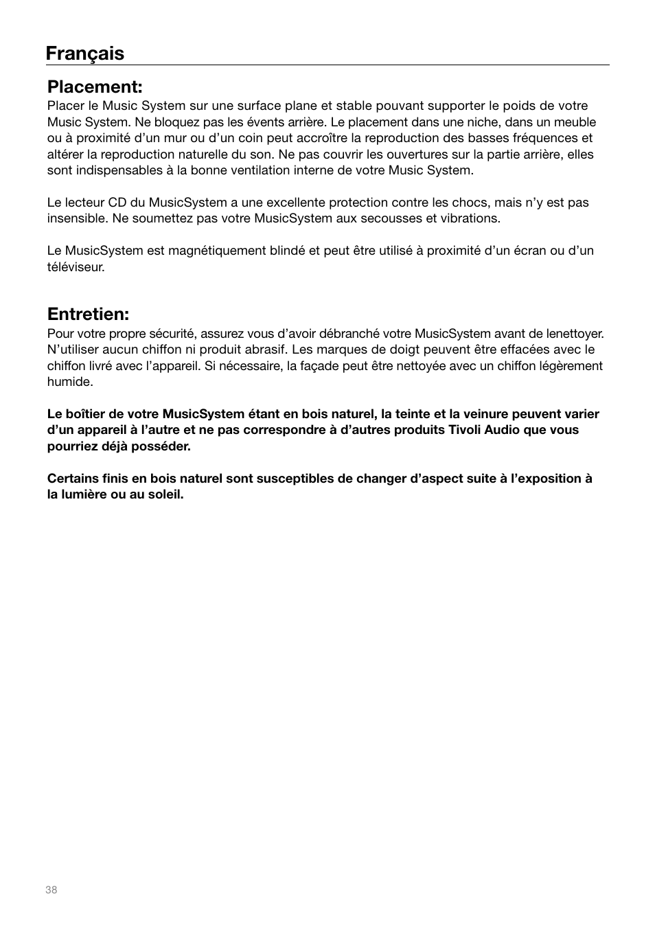 Français, Placement, Entretien | Tivoli Audio MUSIC SYSTEM User Manual | Page 38 / 64