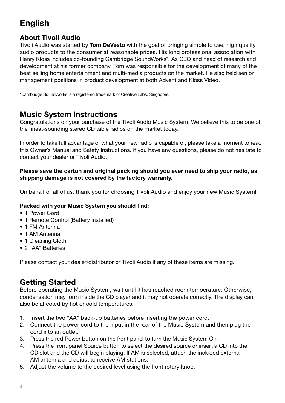 English, Music system instructions, Getting started | About tivoli audio | Tivoli Audio MUSIC SYSTEM User Manual | Page 4 / 64