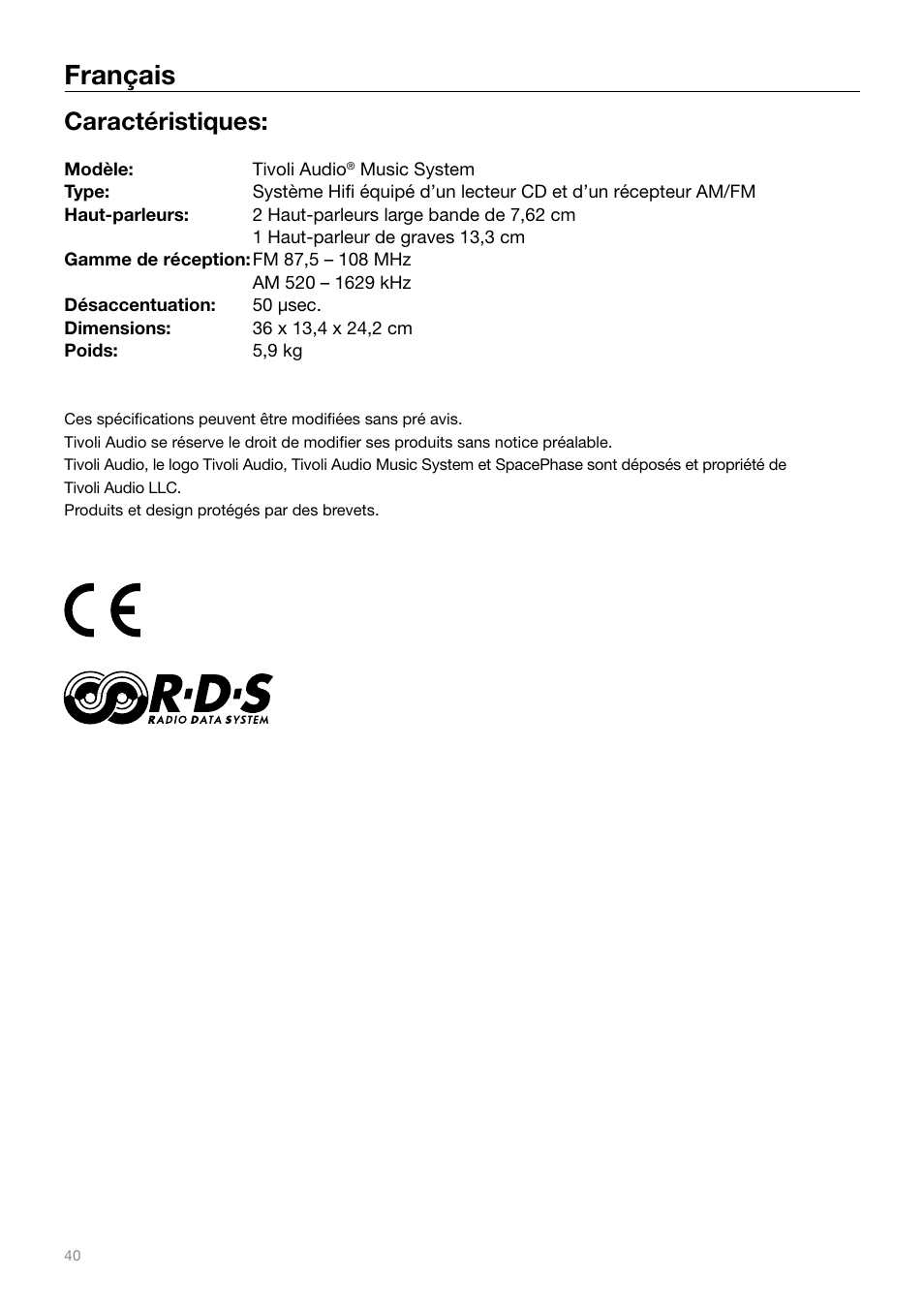 Français, Caractéristiques | Tivoli Audio MUSIC SYSTEM User Manual | Page 40 / 64