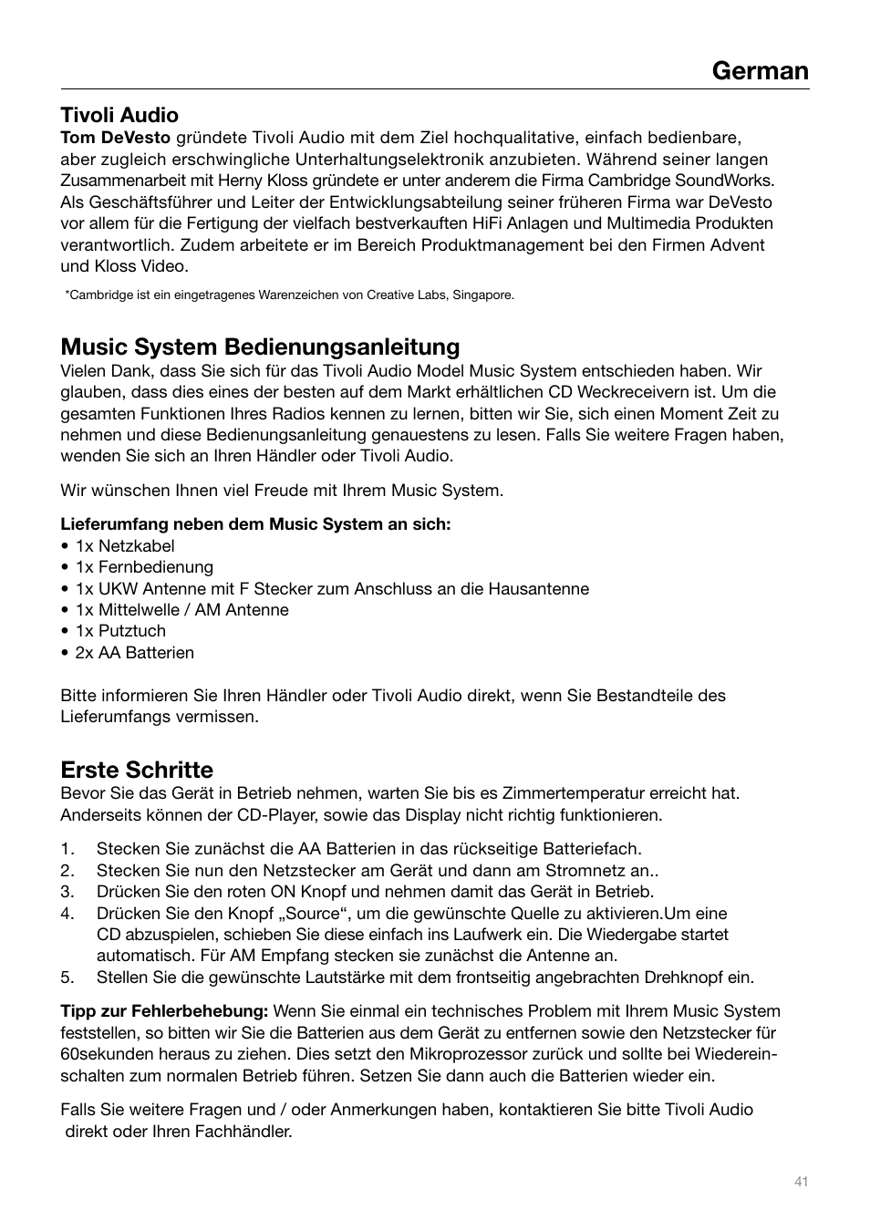 German, Music system bedienungsanleitung, Erste schritte | Tivoli audio | Tivoli Audio MUSIC SYSTEM User Manual | Page 41 / 64