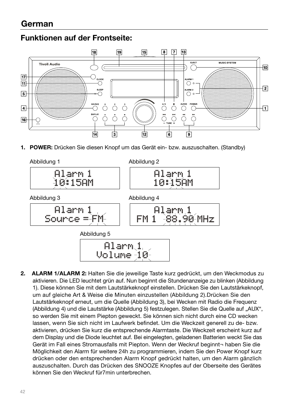 German, Funktionen auf der frontseite | Tivoli Audio MUSIC SYSTEM User Manual | Page 42 / 64