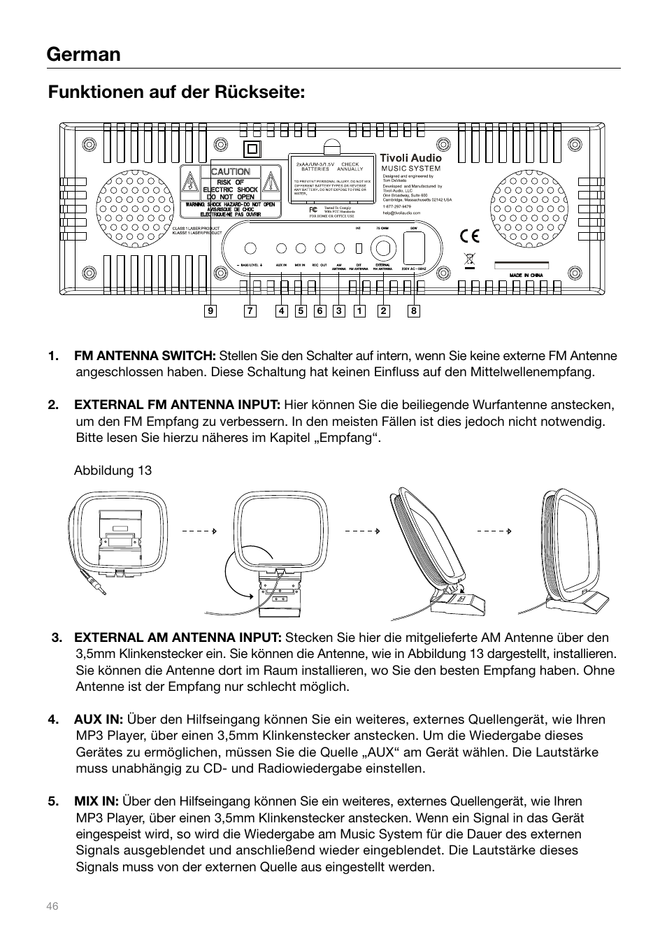 German, Funktionen auf der rückseite | Tivoli Audio MUSIC SYSTEM User Manual | Page 46 / 64
