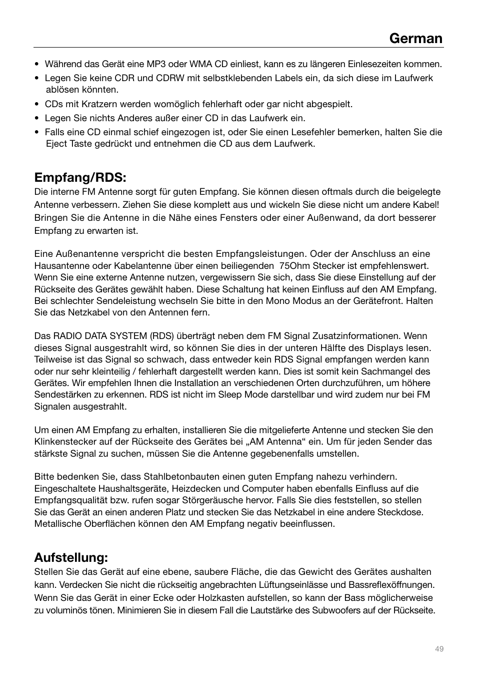 German, Empfang/rds, Aufstellung | Tivoli Audio MUSIC SYSTEM User Manual | Page 49 / 64