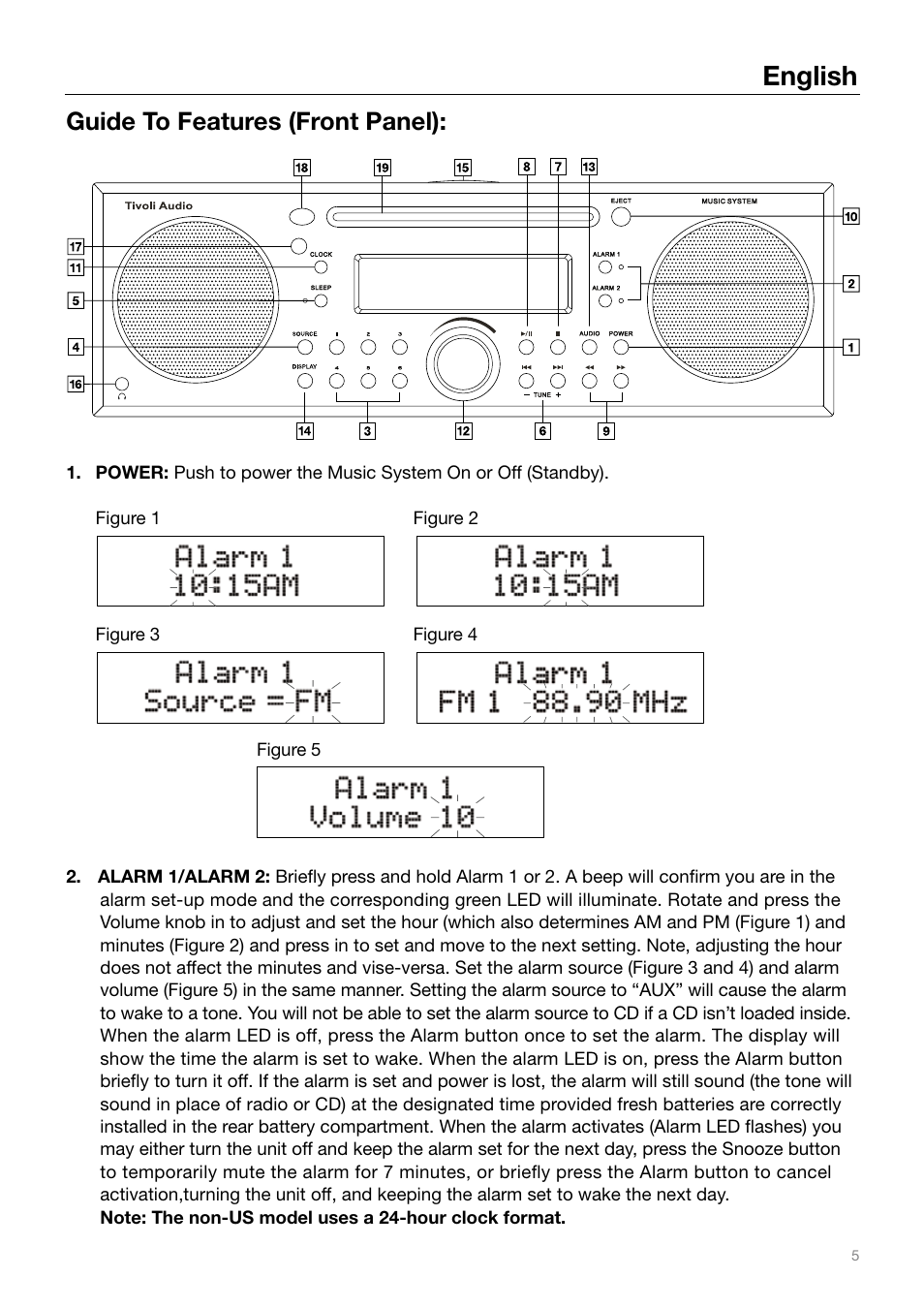 English, Guide to features (front panel) | Tivoli Audio MUSIC SYSTEM User Manual | Page 5 / 64