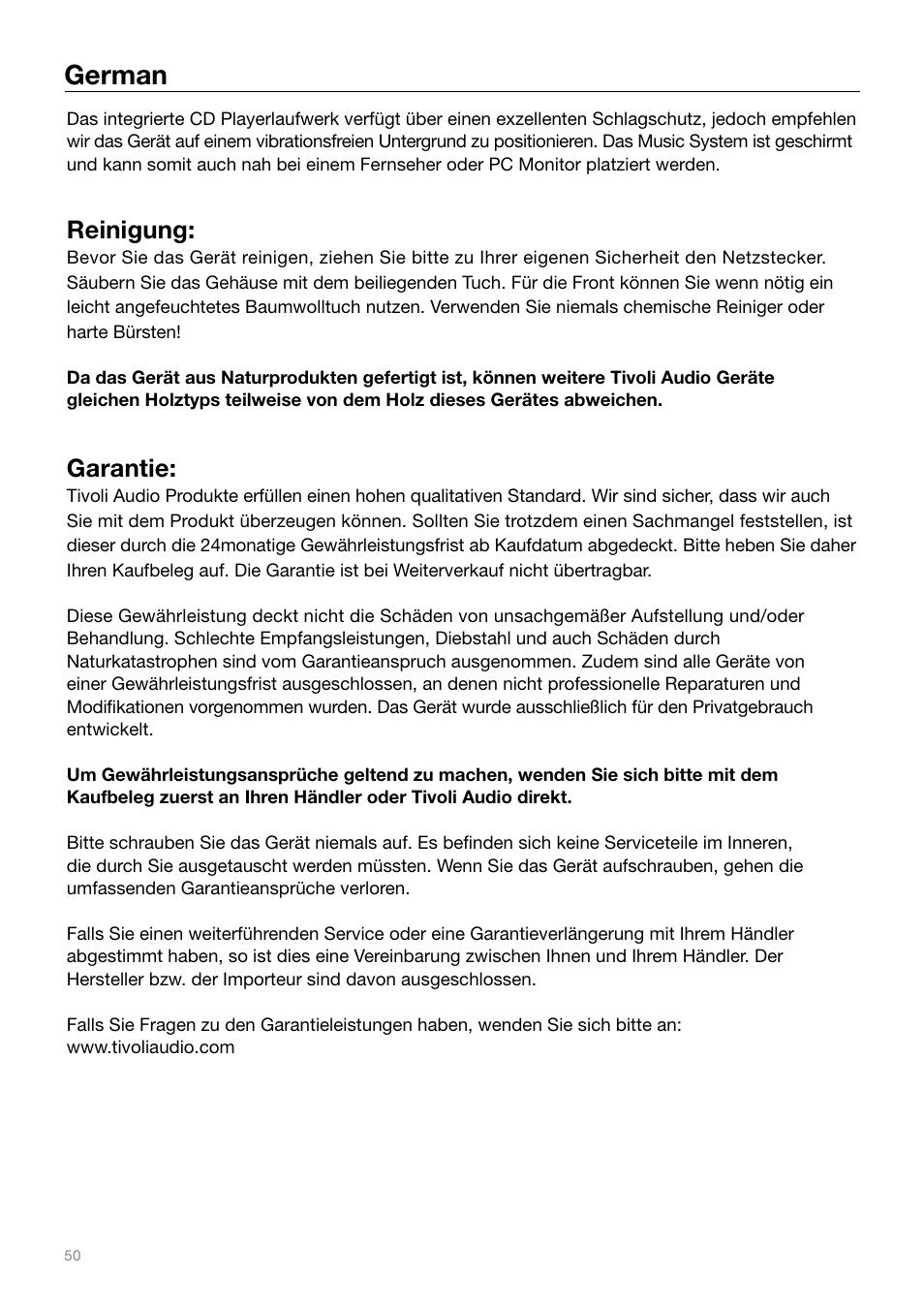 German, Reinigung, Garantie | Tivoli Audio MUSIC SYSTEM User Manual | Page 50 / 64