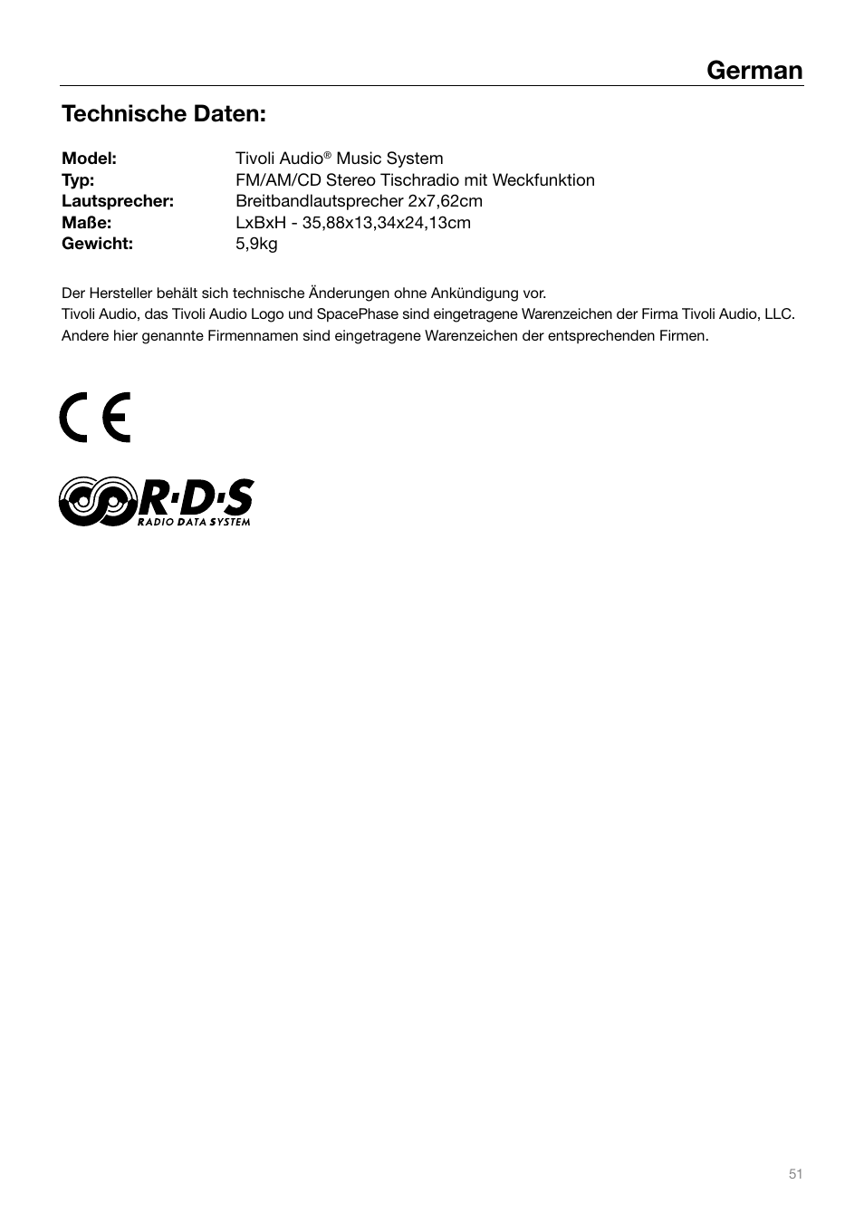 German, Technische daten | Tivoli Audio MUSIC SYSTEM User Manual | Page 51 / 64