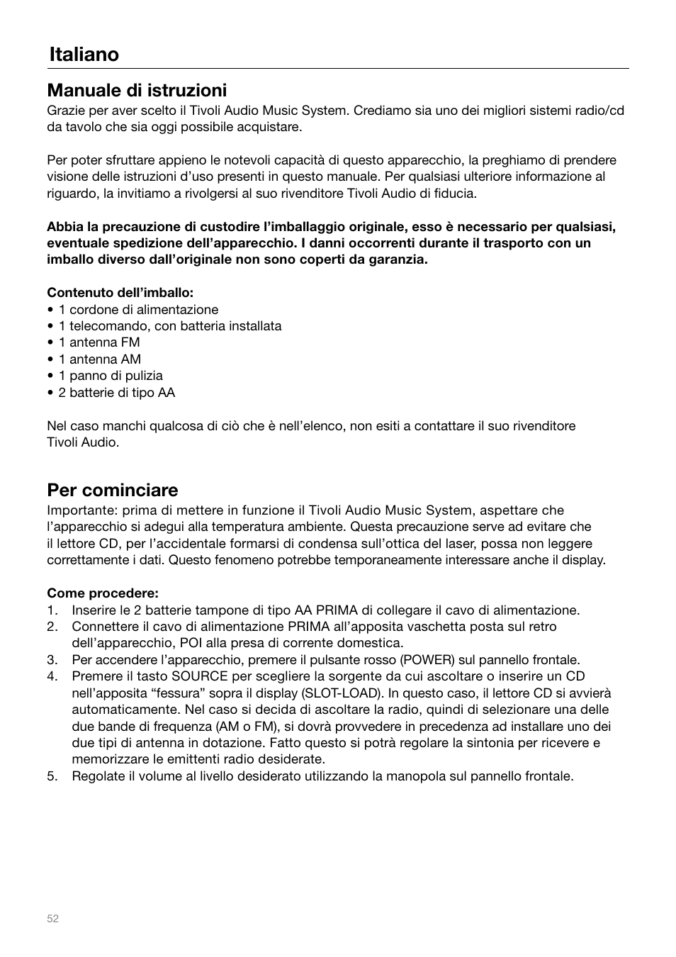 Italiano, Manuale di istruzioni, Per cominciare | Tivoli Audio MUSIC SYSTEM User Manual | Page 52 / 64