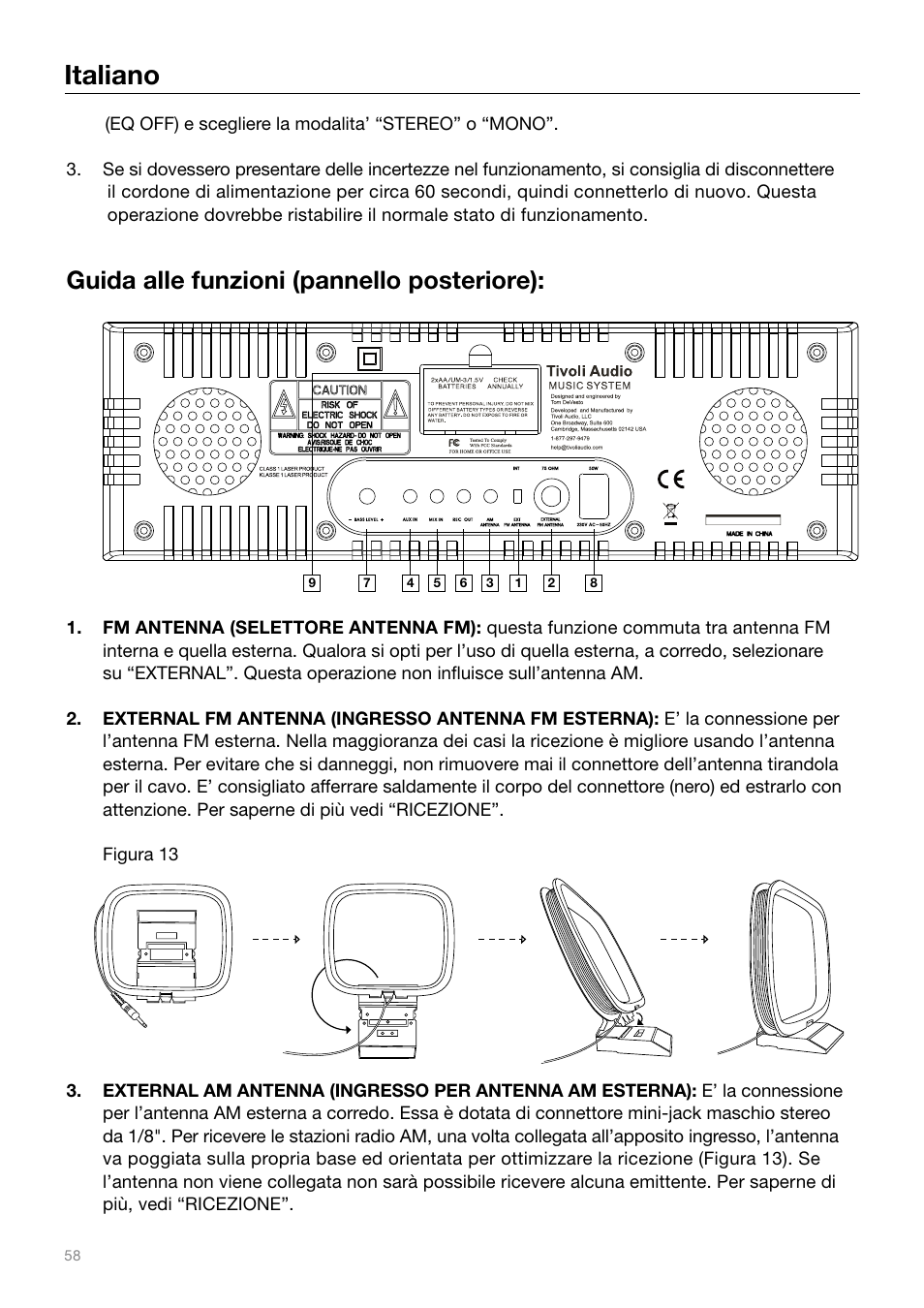 Italiano, Guida alle funzioni (pannello posteriore) | Tivoli Audio MUSIC SYSTEM User Manual | Page 58 / 64