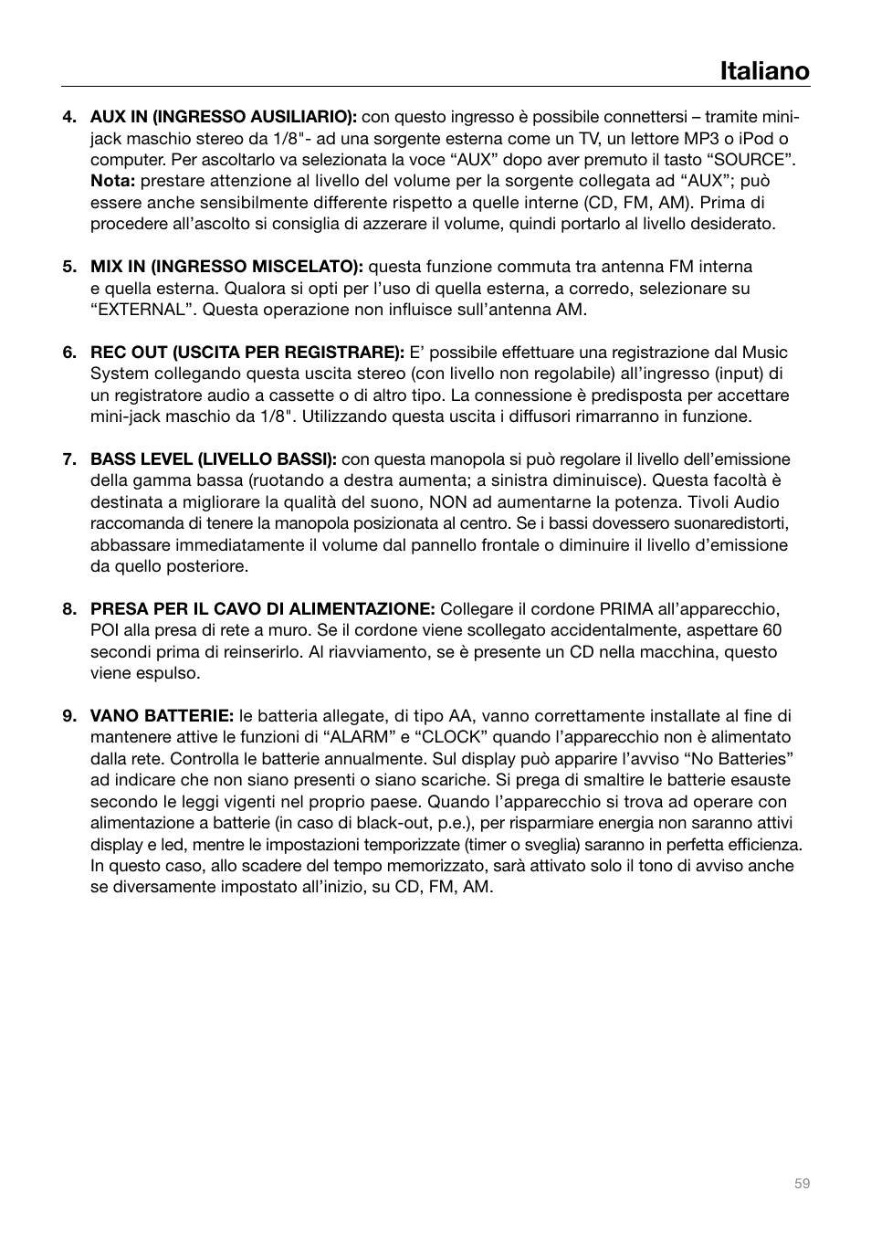 Italiano | Tivoli Audio MUSIC SYSTEM User Manual | Page 59 / 64