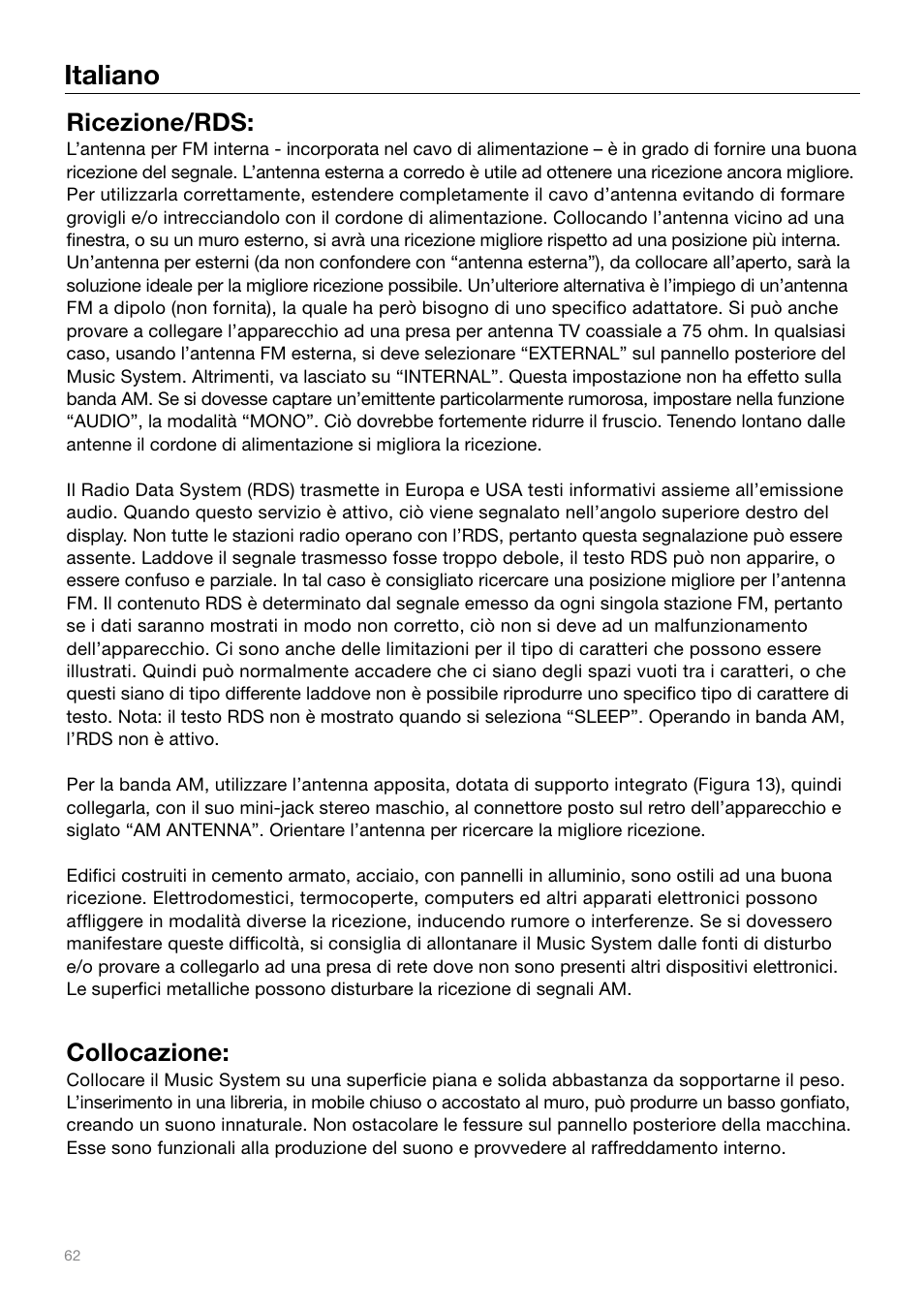 Italiano, Ricezione/rds, Collocazione | Tivoli Audio MUSIC SYSTEM User Manual | Page 62 / 64