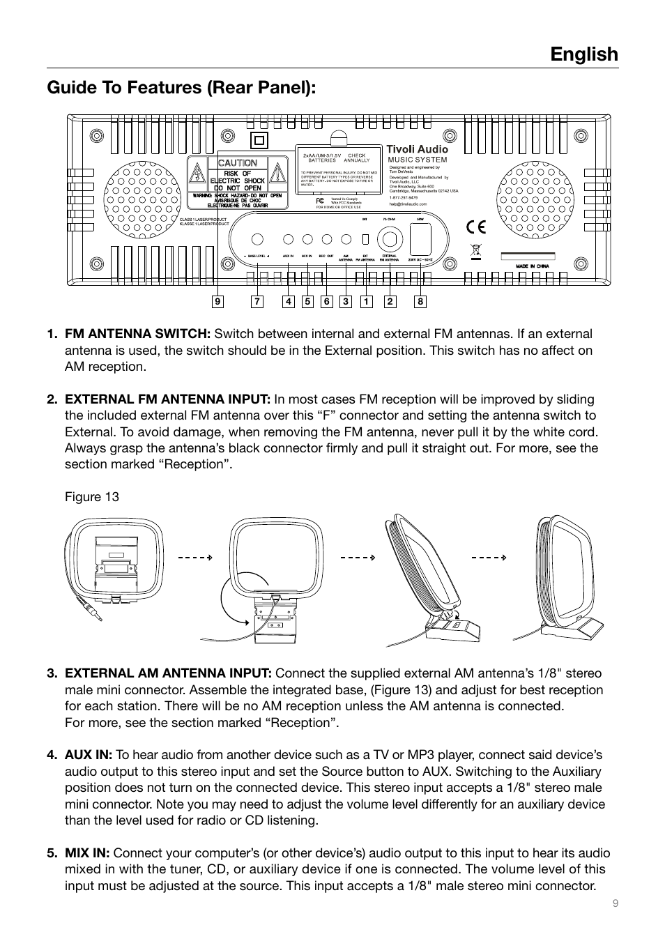 English, Guide to features (rear panel) | Tivoli Audio MUSIC SYSTEM User Manual | Page 9 / 64