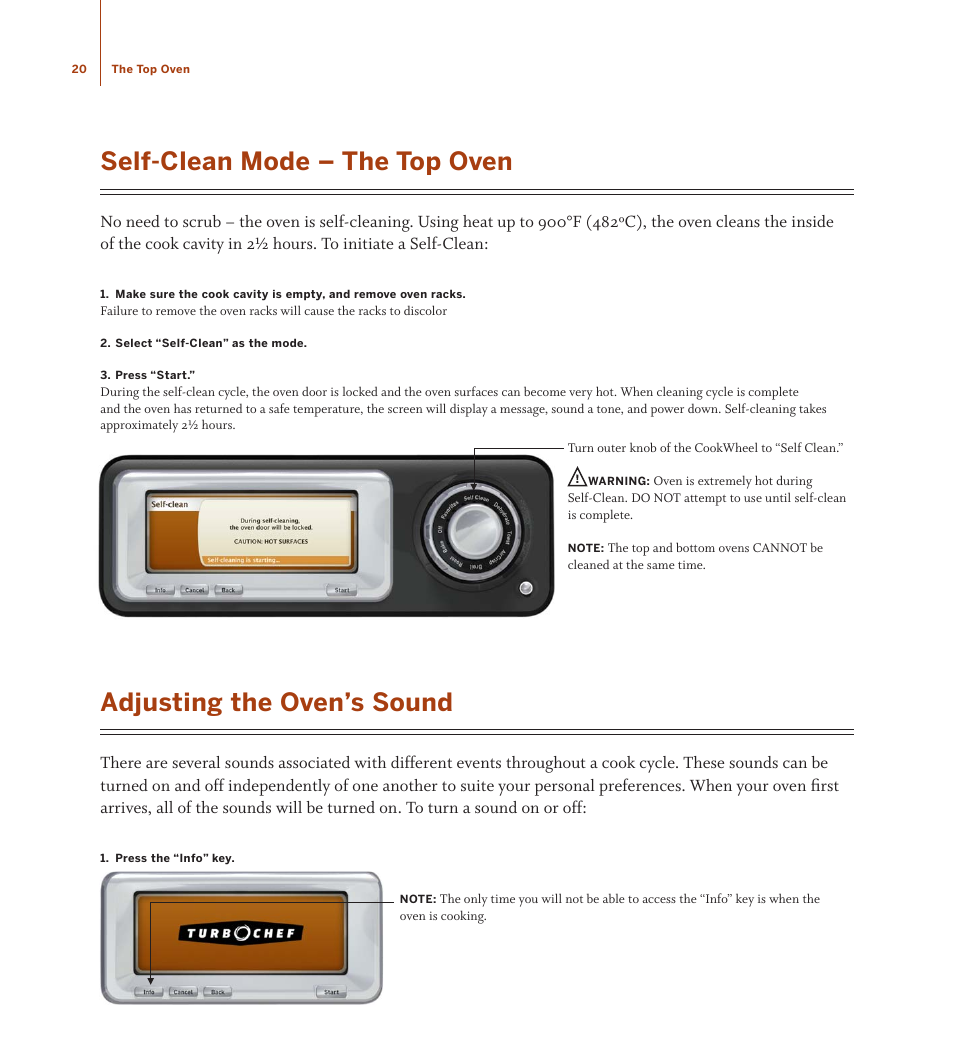 Self-clean mode – the top oven, Adjusting the oven’s sound | TurboChef Technologies TDO30 * 240 User Manual | Page 26 / 48