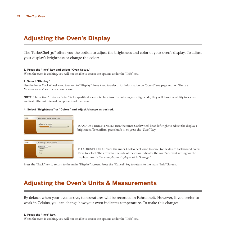 Adjusting the oven’s display, Adjusting the oven’s units & measurements | TurboChef Technologies TDO30 * 240 User Manual | Page 28 / 48