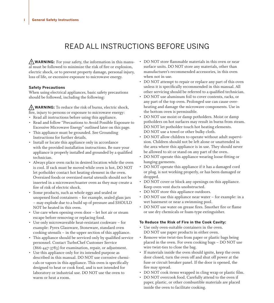 Read all instructions before using | TurboChef Technologies TDO30 * 240 User Manual | Page 4 / 48