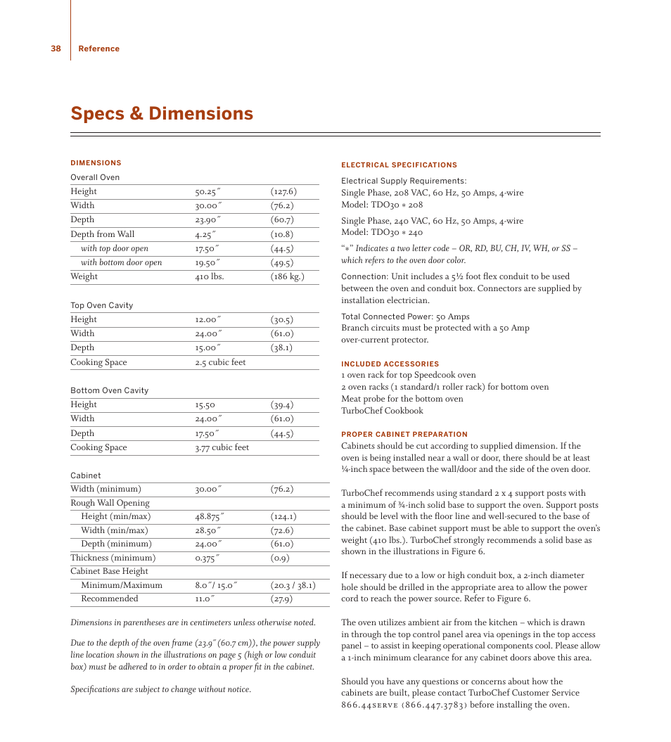 Specs & dimensions | TurboChef Technologies TDO30 * 240 User Manual | Page 44 / 48