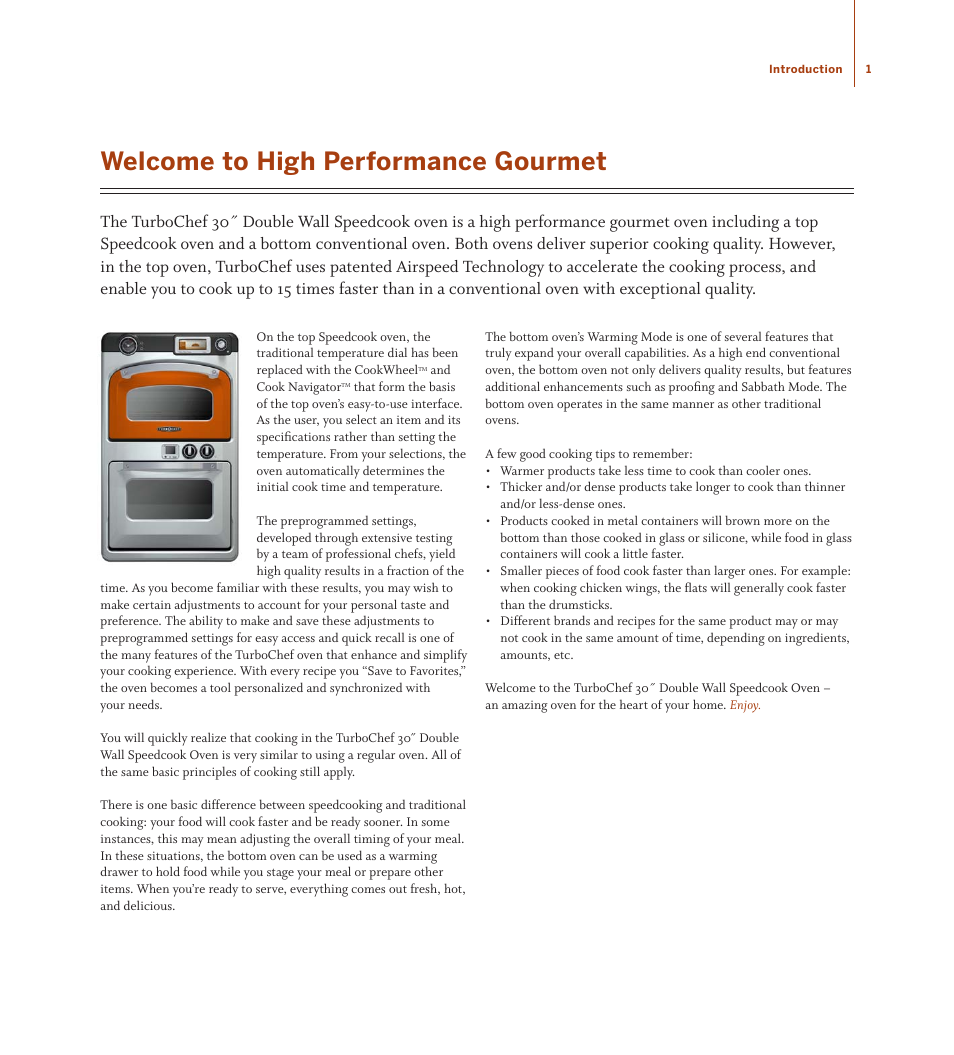 Welcome to high performance gourmet | TurboChef Technologies TDO30 * 240 User Manual | Page 7 / 48