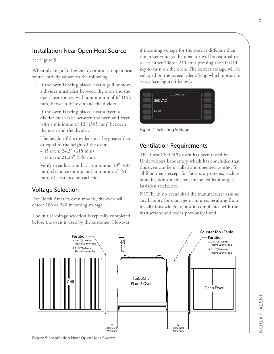 Installation near open heat source, Voltage selection, Ventilation requirements | TurboChef Technologies Trubochef i5 User Manual | Page 13 / 34
