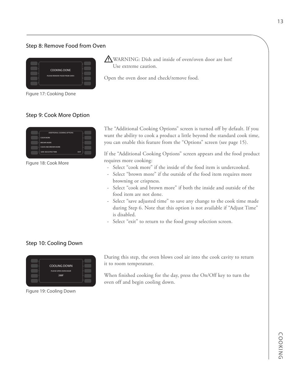 Cooking step 8: remove food from oven, Step 9: cook more option, Step 10: cooling down | TurboChef Technologies Trubochef i5 User Manual | Page 21 / 34