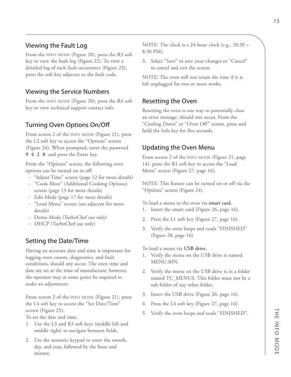 Viewing the fault log, Viewing the service numbers, Turning oven options on/off | Setting the date/time, Resetting the oven, Updating the oven menu | TurboChef Technologies Trubochef i5 User Manual | Page 23 / 34