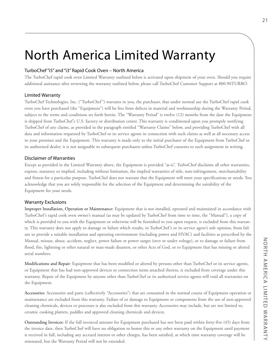 North america limited warranty | TurboChef Technologies Trubochef i5 User Manual | Page 29 / 34