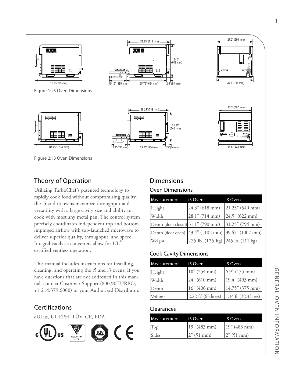 Theory of operation, Certifications, Dimensions | Gener al oven inform a tion | TurboChef Technologies Trubochef i5 User Manual | Page 9 / 34