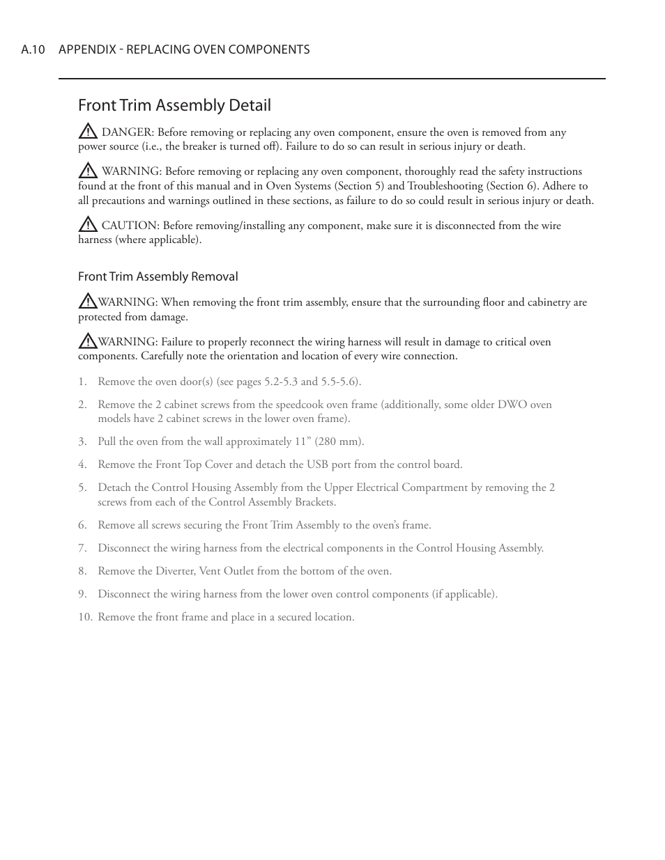 Front trim assembly detail | TurboChef Technologies Residential Single and Double Wall Oven User Manual | Page 102 / 124