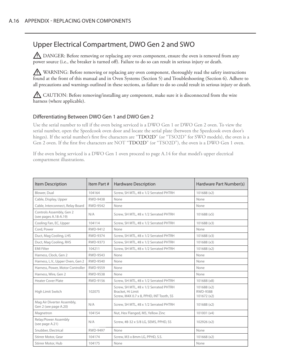 Upper electrical compartment, dwo gen 2 and swo, A.16 appendix - replacing oven components, Diff erentiating between dwo gen 1 and dwo gen 2 | TurboChef Technologies Residential Single and Double Wall Oven User Manual | Page 108 / 124