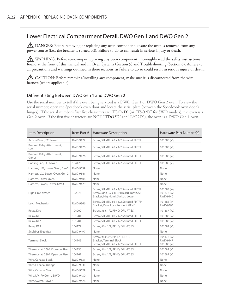 Lower, Electrical, Compartment | Detail, Gen 2, A.22 appendix - replacing oven components, Diff erentiating between dwo gen 1 and dwo gen 2 | TurboChef Technologies Residential Single and Double Wall Oven User Manual | Page 114 / 124