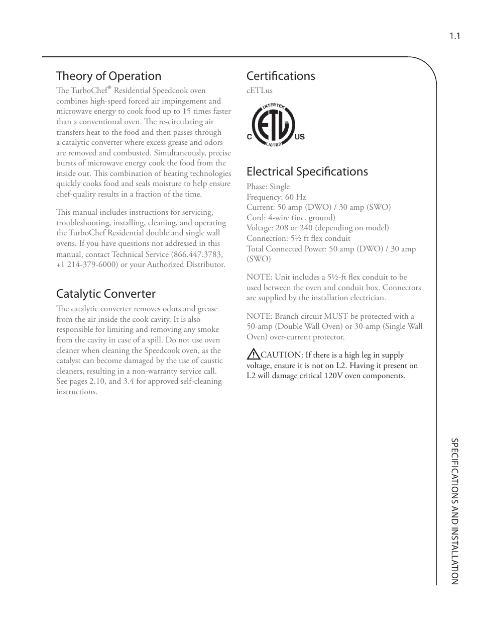 Theory of operation, Catalytic converter, Certifi cations | Electrical specifi cations | TurboChef Technologies Residential Single and Double Wall Oven User Manual | Page 17 / 124