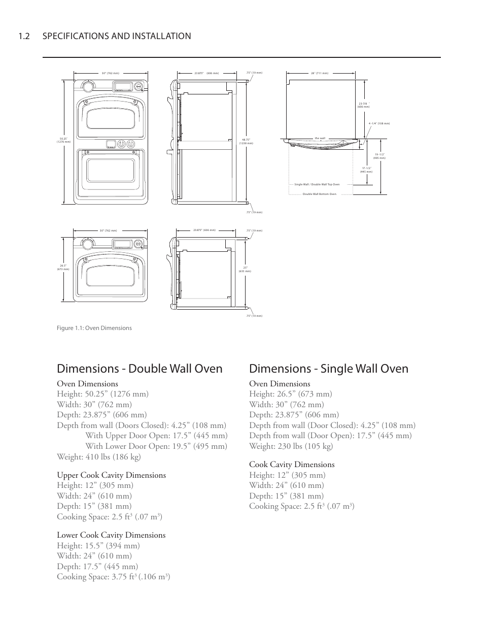 Dimensions - double wall oven, Dimensions - single wall oven, 2 specifications and installation | 07 m, 106 m | TurboChef Technologies Residential Single and Double Wall Oven User Manual | Page 18 / 124