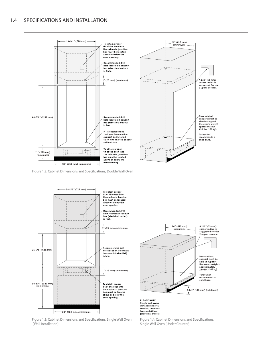 4 specifications and installation | TurboChef Technologies Residential Single and Double Wall Oven User Manual | Page 20 / 124