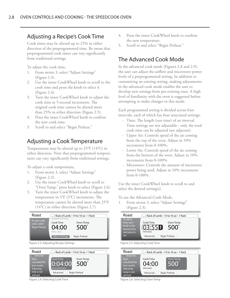 The advanced cook mode, Adjusting a recipe’s cook time, Adjusting a cook temperature | TurboChef Technologies Residential Single and Double Wall Oven User Manual | Page 32 / 124