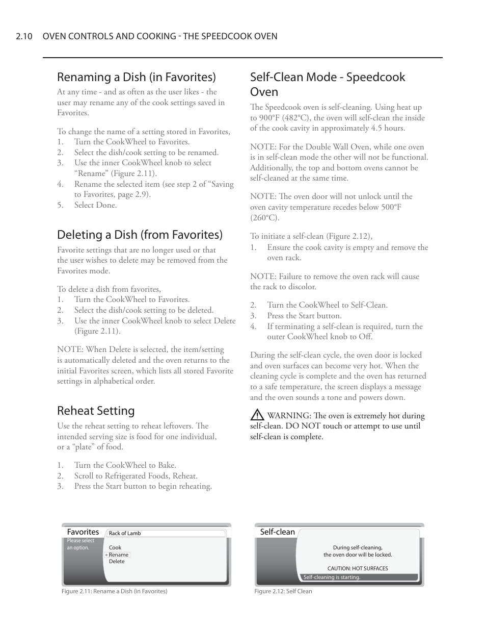 Self-clean mode - speedcook oven, Renaming a dish (in favorites), Deleting a dish (from favorites) | Reheat setting | TurboChef Technologies Residential Single and Double Wall Oven User Manual | Page 34 / 124