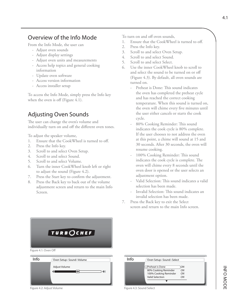 Overview of the info mode, Adjusting oven sounds | TurboChef Technologies Residential Single and Double Wall Oven User Manual | Page 43 / 124