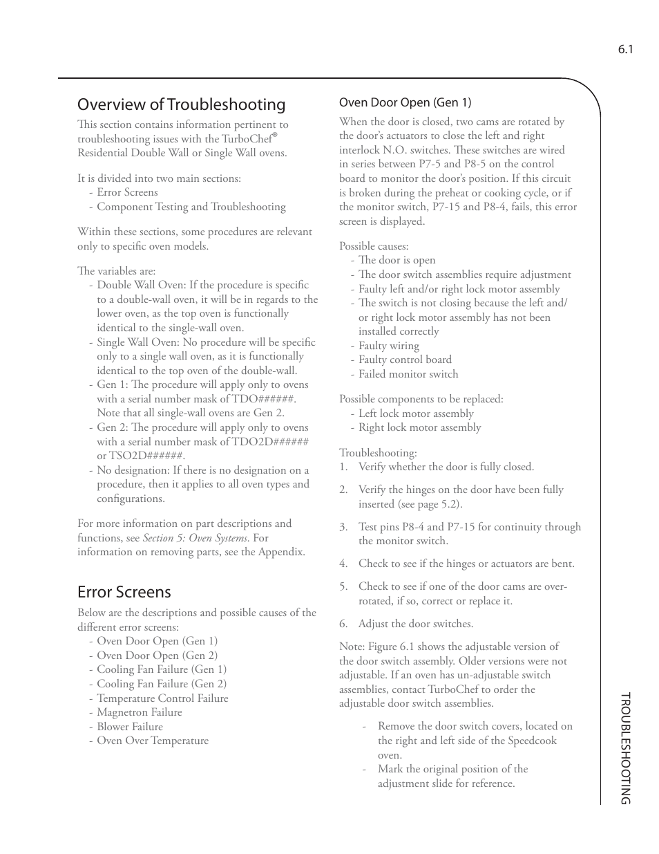 Overview of troubleshooting, Error screens | TurboChef Technologies Residential Single and Double Wall Oven User Manual | Page 65 / 124