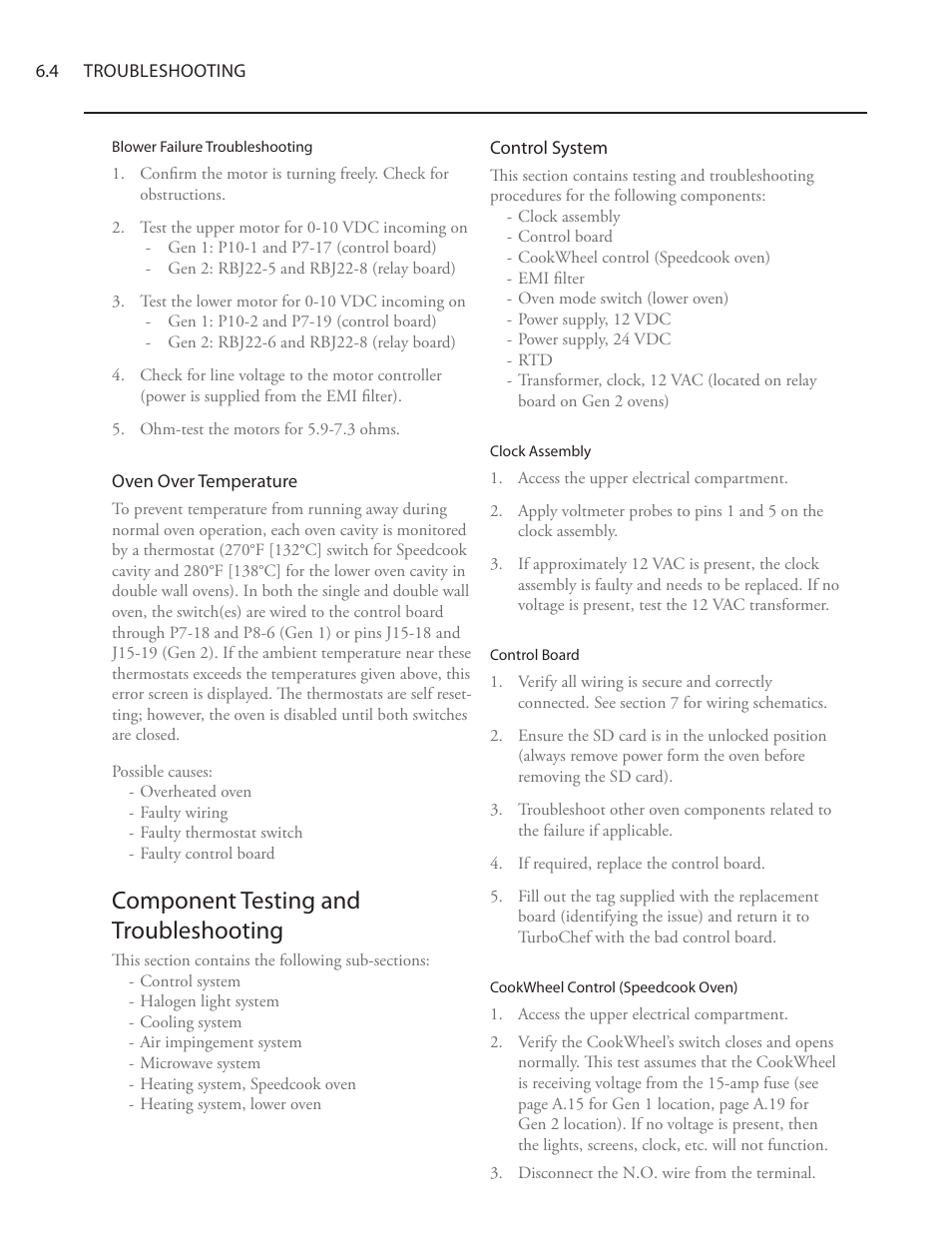 Component testing and troubleshooting | TurboChef Technologies Residential Single and Double Wall Oven User Manual | Page 68 / 124