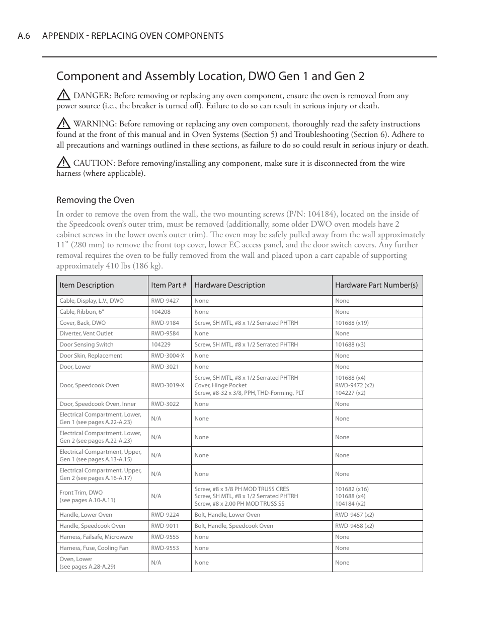 A.6 appendix - replacing oven components, Removing the oven | TurboChef Technologies Residential Single and Double Wall Oven User Manual | Page 98 / 124